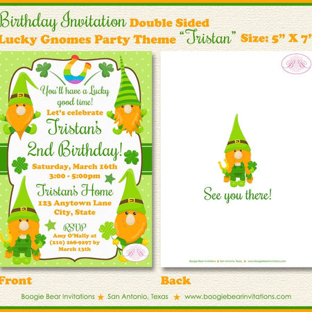 St. Patrick's Day Gnomes Birthday Party Invitation Lucky Girl Boy Clover Boogie Bear Invitations Tristan Theme Paperless Printable Printed