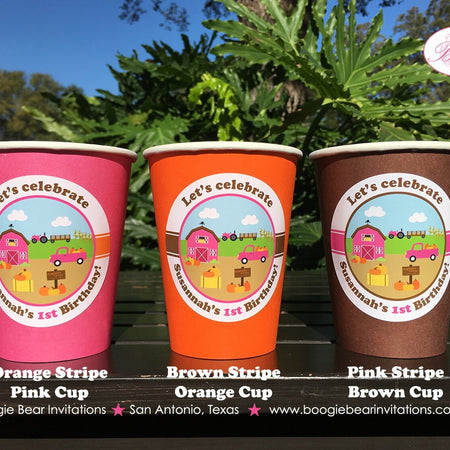 Pink Farm Birthday Party Beverage Cups Paper Drink Girl Pumpkin Barn Fall Autumn Country Thanksgiving Boogie Bear Invitations Susannah Theme