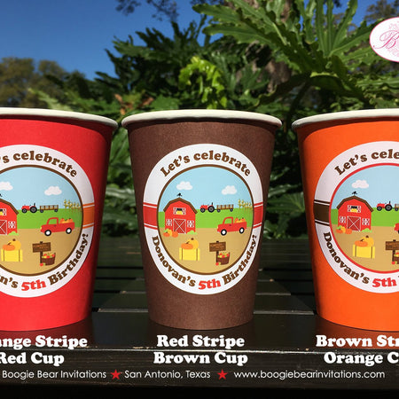 Red Farm Birthday Party Beverage Cups Paper Drink Girl Boy Pumpkin Barn Fall Autumn Country Truck Kids Boogie Bear Invitations Donovan Theme