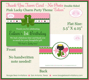 Lucky Charm Party Thank You Favor Card Birthday Photo Girl St. Patrick's Day Pink Green Clover Shamrock Boogie Bear Invitations Eileen Theme