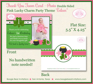 Lucky Charm Party Thank You Favor Card Birthday Photo Girl St. Patrick's Day Pink Green Clover Shamrock Boogie Bear Invitations Eileen Theme