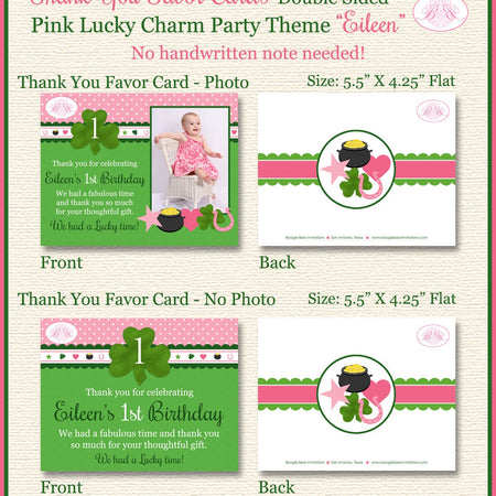 Lucky Charm Party Thank You Favor Card Birthday Photo Girl St. Patrick's Day Pink Green Clover Shamrock Boogie Bear Invitations Eileen Theme