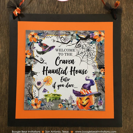 Halloween Witch Birthday Party Door Banner Haunted House Pumpkin Hat Cocktail Spiderweb Orange Black Boogie Bear Invitations Craven Theme