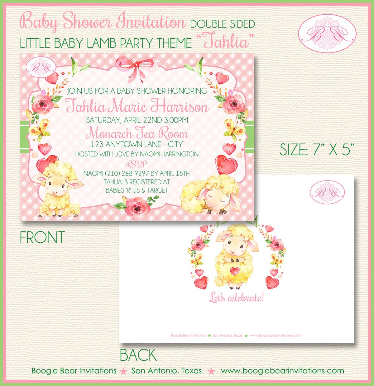 Little Lamb Baby Shower Invitation Farm Animals Pink Sheep Flower Girl Bow Boogie Bear Invitations Tahlia Theme Paperless Printable Printed