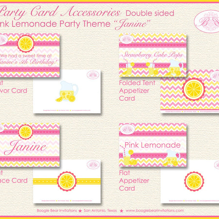 Pink Lemonade Birthday Party Favor Card Tent Place Appetizer Food Sign Label Sweet Girl Stand Boogie Bear Invitations Janine Theme Printed