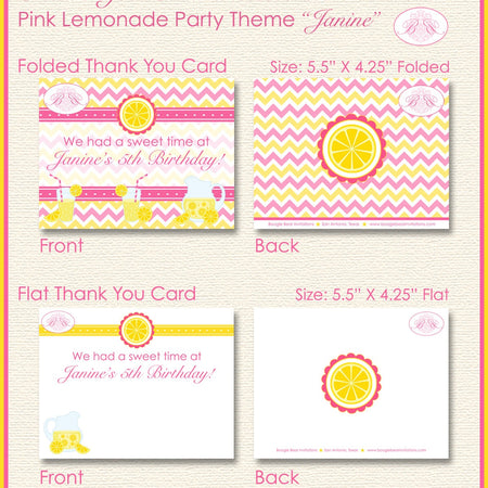 Pink Lemonade Birthday Party Thank You Card Girl Yellow Lemon Stand Sweet Summer Picnic Garden Boogie Bear Invitations Janine Theme Printed