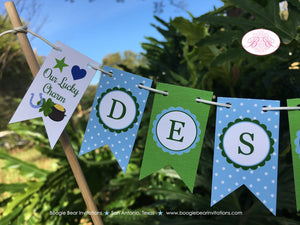 Lucky Charm Party Pennant Cake Banner Topper Blue Green Boy Green St. Patrick's Day Shamrock Clover Boogie Bear Invitations Desmond Theme