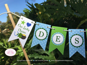 Lucky Charm Party Pennant Cake Banner Topper Blue Green Boy Green St. Patrick's Day Shamrock Clover Boogie Bear Invitations Desmond Theme