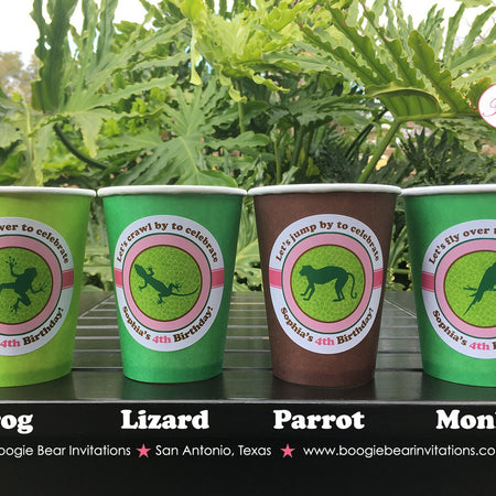 Pink Rain Forest Birthday Party Beverage Cups Paper Drink Girl Amazon Jungle Tropical Frog Bird Monkey Boogie Bear Invitations Sophia Theme