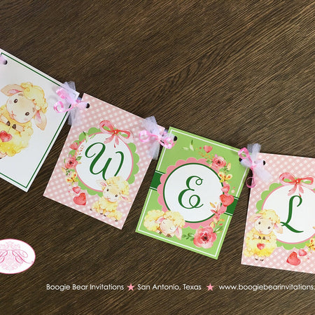 Pink Little Lamb Baby Shower Banner Welcome Farm Animals Sheep Flower Green Butterfly Girl Heart Rose Boogie Bear Invitations Tahlia Theme