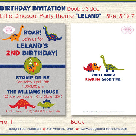 Little Dinosaur Birthday Party Invitation Boy Girl Blue Red Green Jurassic Boogie Bear Invitations Leland Theme Paperless Printable Printed