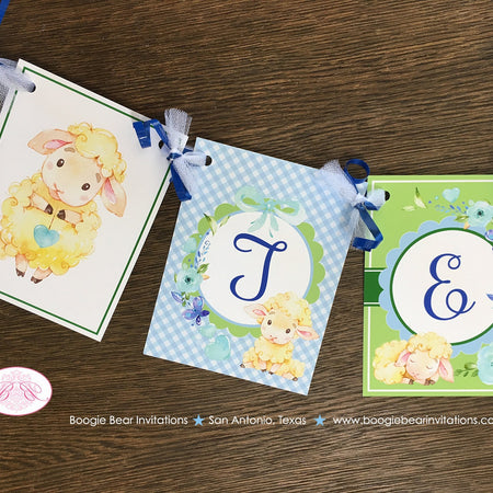 Blue Little Lamb Baby Shower Name Banner Farm Animals Sheep Flower Green Butterfly Boy Garden Heart Rose Boogie Bear Invitations Teli Theme
