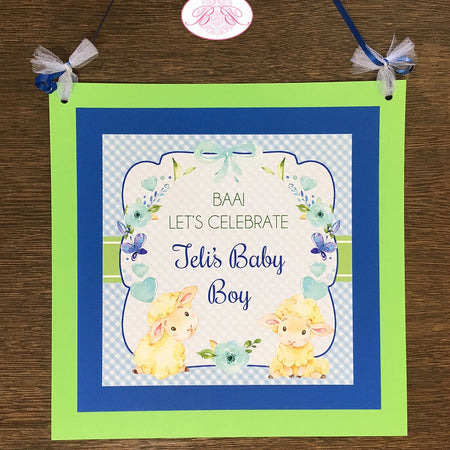 Blue Little Lamb Baby Shower Door Banner Farm Animals Sheep Flower Green Butterfly Boy Garden Heart Rose Boogie Bear Invitations Teli Theme