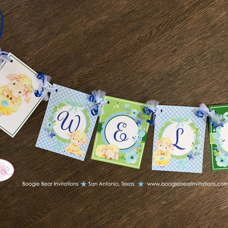 Blue Little Lamb Baby Shower Banner Welcome Farm Animals Sheep Flower Green Butterfly Boy Heart Garden Boogie Bear Invitations Teli Theme