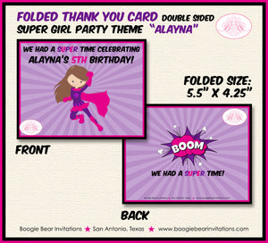 Superhero Girl Birthday Party Thank You Card Pink Supergirl Super Girl Cape Skyline City Comic Boogie Bear Invitations Alayna Theme Printed