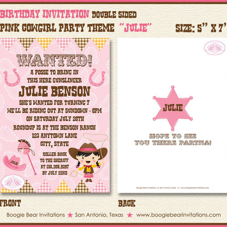 Pink Cowgirl Birthday Party Invitation Girl Hat Farm Barn Country Girl Boots Boogie Bear Invitations Julie Theme Paperless Printable Printed