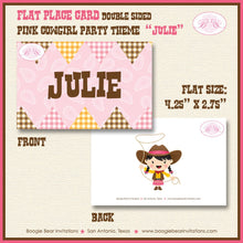 Load image into Gallery viewer, Pink Cowgirl Birthday Party Favor Card Tent Appetizer Place Food Girl Ranch Barn Farm Country Boogie Bear Invitations Julie Theme Printed
