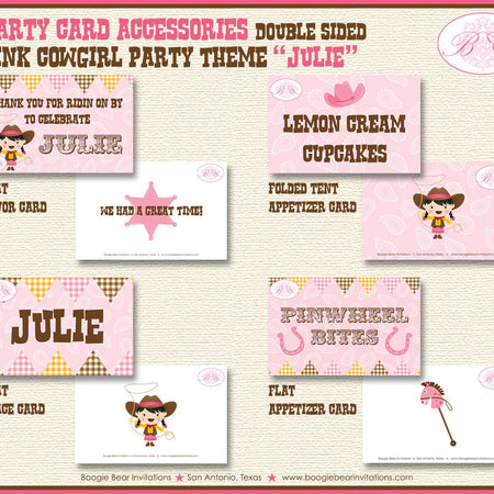 Pink Cowgirl Birthday Party Favor Card Tent Appetizer Place Food Girl Ranch Barn Farm Country Boogie Bear Invitations Julie Theme Printed
