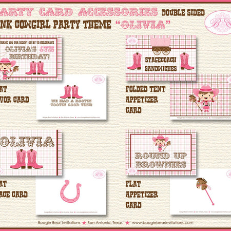 Pink Cowgirl Birthday Party Favor Card Tent Appetizer Place Food Country Wagon Lasso Cow Girl Boogie Bear Invitations Olivia Theme Printed