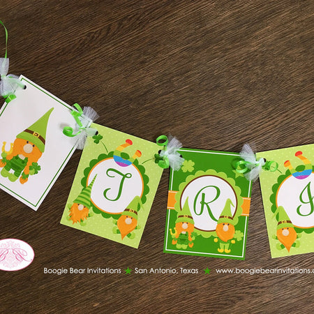 St. Patrick's Day Gnomes Birthday Name Banner Party Boy Girl Lucky Green Orange Shamrock Dwarf Spring Boogie Bear Invitations Tristan Theme