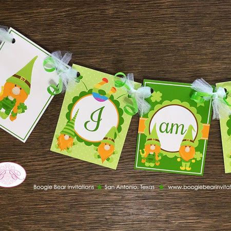 St. Patrick's Day Gnomes I am 1 Highchair Banner Birthday Party Boy Girl Lucky Green Shamrock Clover Boogie Bear Invitations Tristan Theme