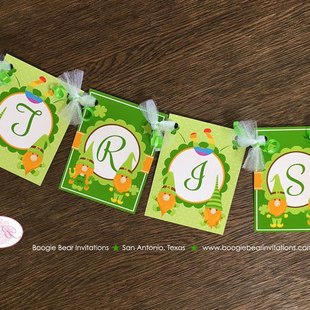 St. Patrick's Day Gnomes Party Small Banner Birthday Boy Girl Lucky Green Orange 1st 2nd 3rd 4th 5th Boogie Bear Invitations Tristan Theme