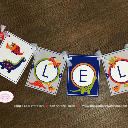 Little Dinosaur Birthday Name Party Banner Boy Girl Dino Red Green Orange Blue Yellow Silver Jurassic Boogie Bear Invitations Leland Theme