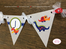 Load image into Gallery viewer, Little Dinosaur Pennant I am 1 Banner Birthday Party Highchair Girl Boy Orange Navy Blue Red Yellow 1st Boogie Bear Invitations Leland Theme
