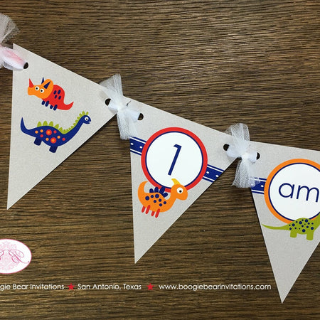 Little Dinosaur Pennant I am 1 Banner Birthday Party Highchair Girl Boy Orange Navy Blue Red Yellow 1st Boogie Bear Invitations Leland Theme