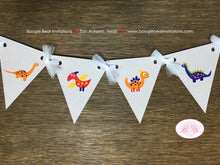 Load image into Gallery viewer, Little Dinosaur Birthday Party Banner Pennant Garland Small Boy Girl Red Green Orange Navy Blue 1st 2nd Boogie Bear Invitations Leland Theme