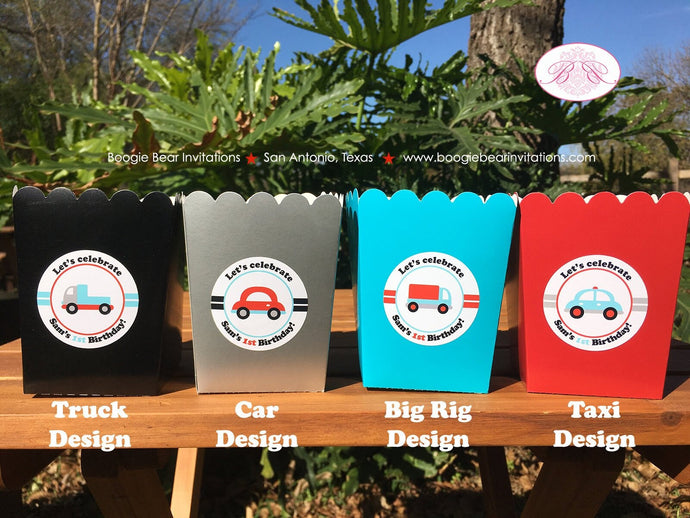 Cars Trucks Party Popcorn Boxes Mini Favor Food Birthday Girl Boy Red Blue Black Silver Traffic Travel Boogie Bear Invitations Sam Theme