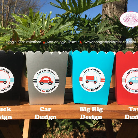 Cars Trucks Party Popcorn Boxes Mini Favor Food Birthday Girl Boy Red Blue Black Silver Traffic Travel Boogie Bear Invitations Sam Theme