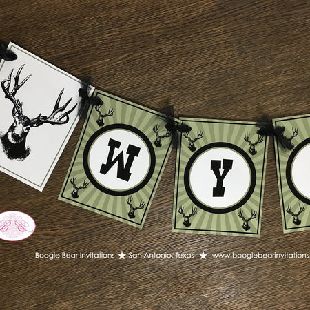 Deer Hunting Birthday Party Name Banner Buck Black Green Wild Game Dinner Elk Bust Head Antlers Girl Boy Boogie Bear Invitations Wyatt Theme