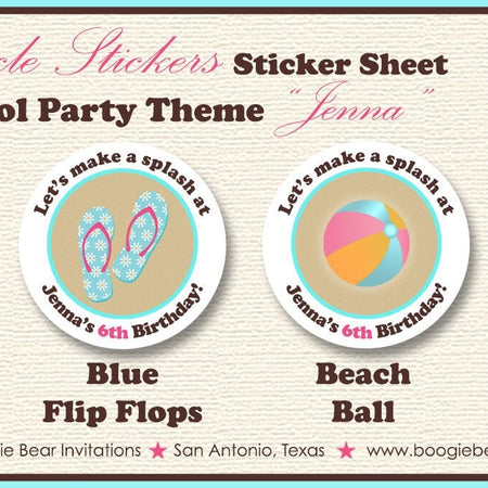 Flip Flop Pool Party Stickers Circle Sheet Birthday Beach Ball Ocean Pink Blue Swim Swimming Summer Girl Boogie Bear Invitations Jenna Theme
