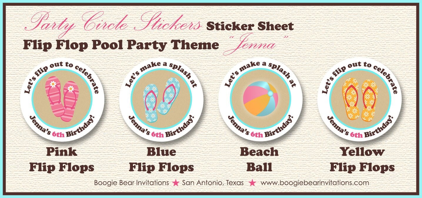 Flip Flop Pool Party Stickers Circle Sheet Birthday Beach Ball Ocean Pink Blue Swim Swimming Summer Girl Boogie Bear Invitations Jenna Theme