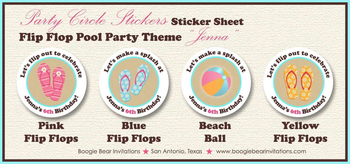 Flip Flop Pool Party Stickers Circle Sheet Birthday Beach Pink Swimmin ...