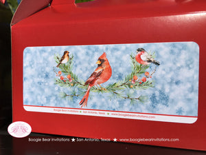 Red Cardinal Bird Winter Treat Boxes Party Favor Tags Bag Box Girl Boy Green Gold Snow Christmas Cheer Boogie Bear Invitations Fulton Theme