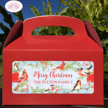 Red Cardinal Bird Winter Treat Boxes Party Favor Tags Bag Box Girl Boy Green Gold Snow Christmas Cheer Boogie Bear Invitations Fulton Theme