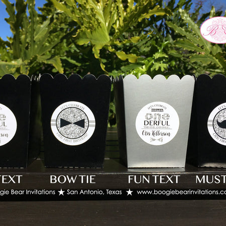Mr Wonderful Birthday Party Popcorn Boxes Mini Favor Boy Candy Buffet Food Onederful Black Silver ONE 1st Boogie Bear Invitations Otis Theme