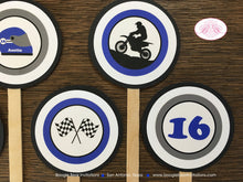 Load image into Gallery viewer, Blue Dirt Bike Birthday Party Cupcake Toppers Girl Boy Enduro Motocross Racing Track Bike Black Helmet Boogie Bear Invitations Austin Theme