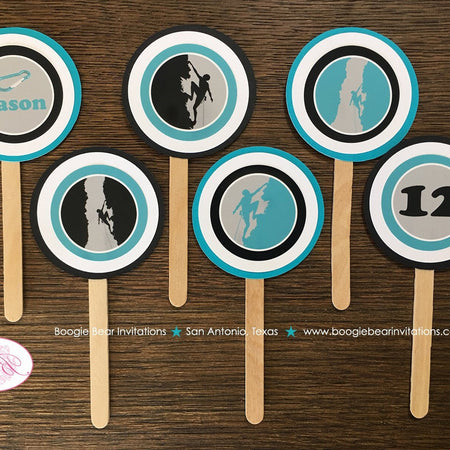 Rock Climbing Party Cupcake Toppers Birthday Mountain Black Aqua Teal Turquoise Blue Boy Girl Spelunking Boogie Bear Invitations Jason Theme