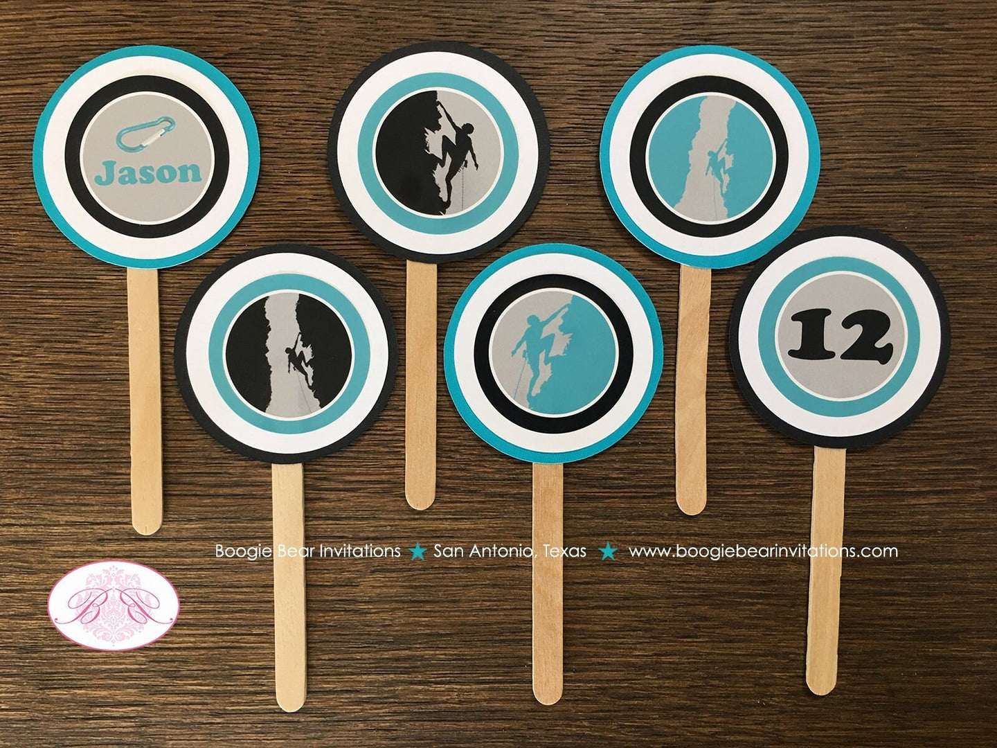 Rock Climbing Party Cupcake Toppers Birthday Mountain Black Aqua Teal Turquoise Blue Boy Girl Spelunking Boogie Bear Invitations Jason Theme