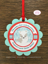 Load image into Gallery viewer, Woodland Winter Fox Baby Shower Party Favor Tags Christmas Snow Red White Aqua Arctic Forest Birthday Boogie Bear Invitations Aspen Theme