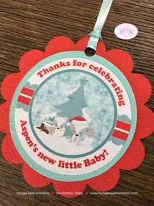 Woodland Winter Fox Baby Shower Party Favor Tags Christmas Snow Red White Aqua Arctic Forest Birthday Boogie Bear Invitations Aspen Theme