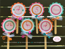 Load image into Gallery viewer, Pink Flamingo Birthday Party Cupcake Toppers Girl Aqua Teal Blue Orange Flamingle Wild Miami Retro Pool Boogie Bear Invitations Stacey Theme