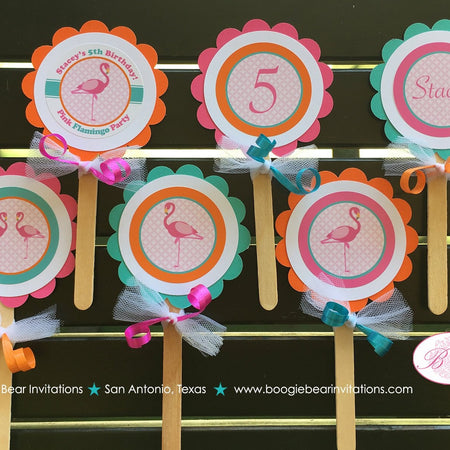 Pink Flamingo Birthday Party Cupcake Toppers Girl Aqua Teal Blue Orange Flamingle Wild Miami Retro Pool Boogie Bear Invitations Stacey Theme