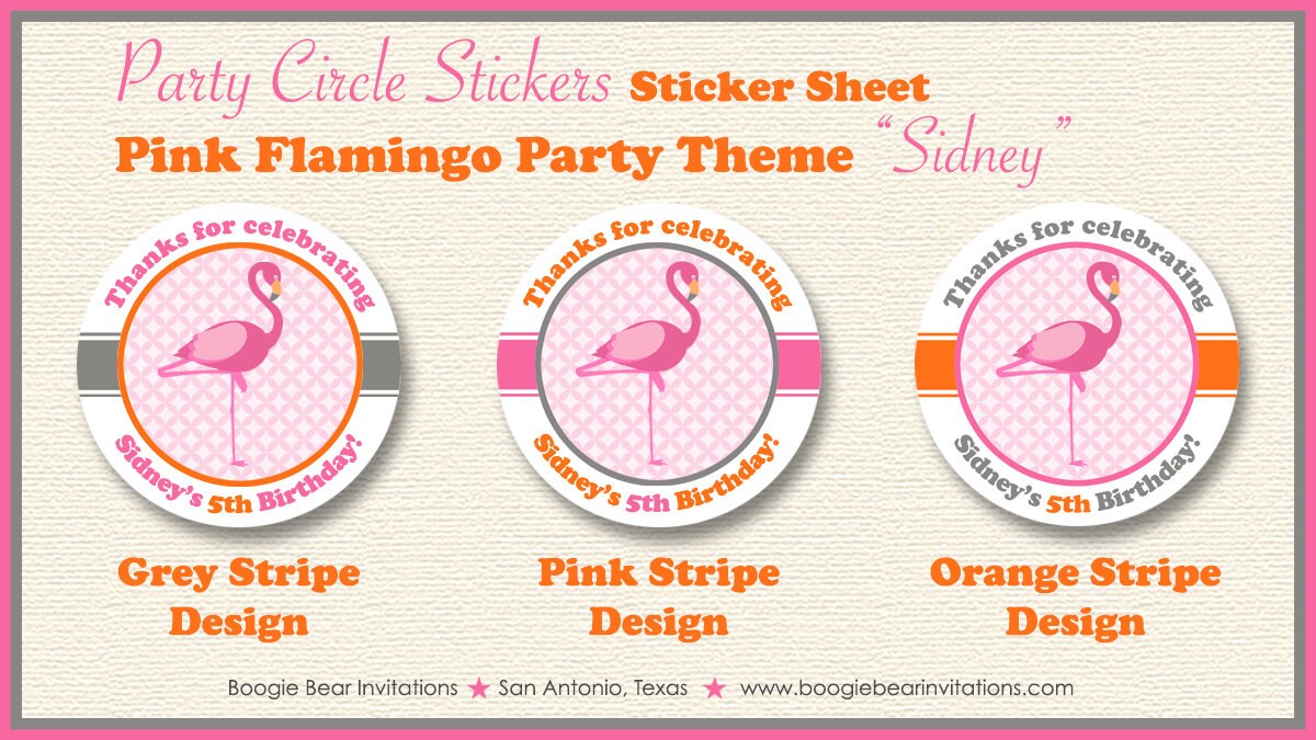 Pink Flamingo Birthday Party Stickers Circle Sheet Round Girl Orange Tropical Zoo Florida Summer Wild Boogie Bear Invitations Sidney Theme