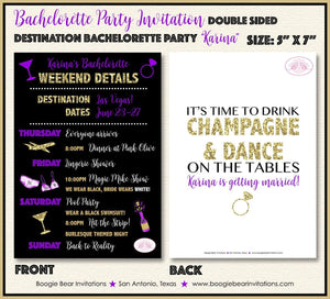 Destination Bachelorette Party Invitation Girl Purple Gold Black Itinerary Boogie Bear Invitations Karina Theme Paperless Printable Printed