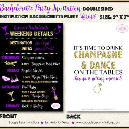 Destination Bachelorette Party Invitation Girl Purple Gold Black Itinerary Boogie Bear Invitations Karina Theme Paperless Printable Printed