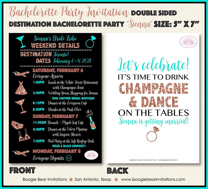 Destination Bachelorette Party Invitation Aqua Rose Gold Black Itinerary Boogie Bear Invitations Sienna Theme Paperless Printable Printed